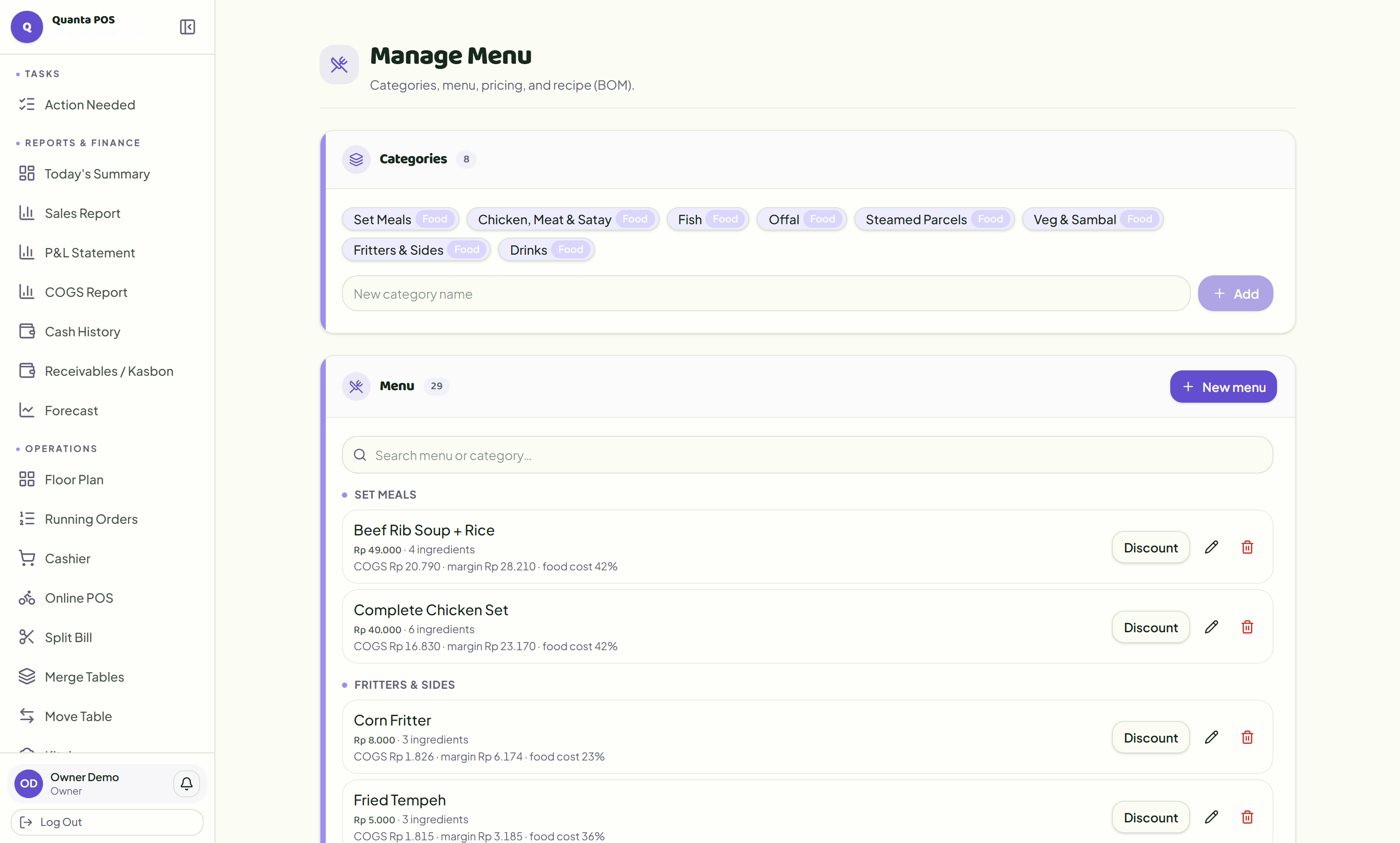Quanta menu manager showing cost of goods, margin and food cost per dish