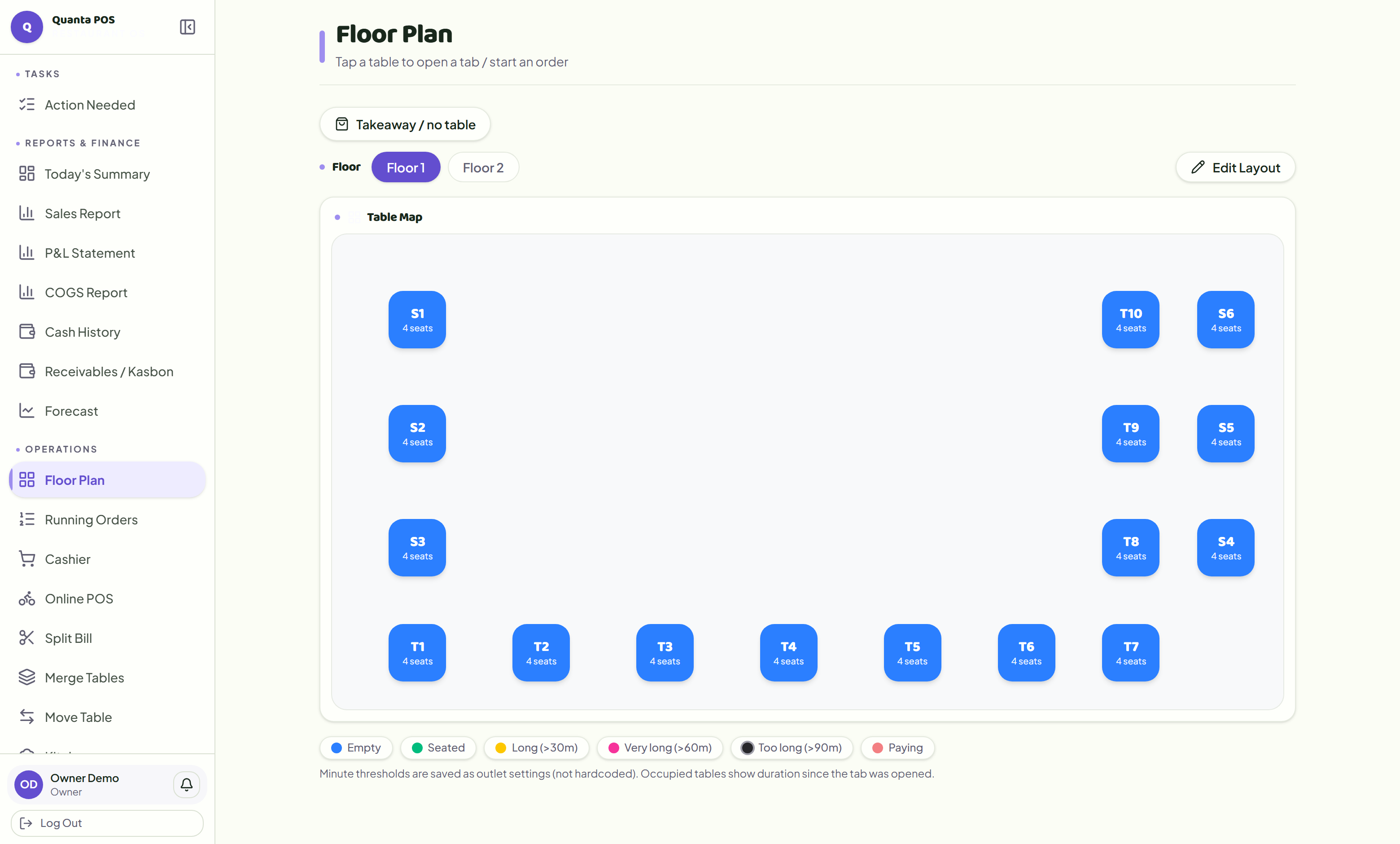 Quanta floor plan showing the table map with occupancy status