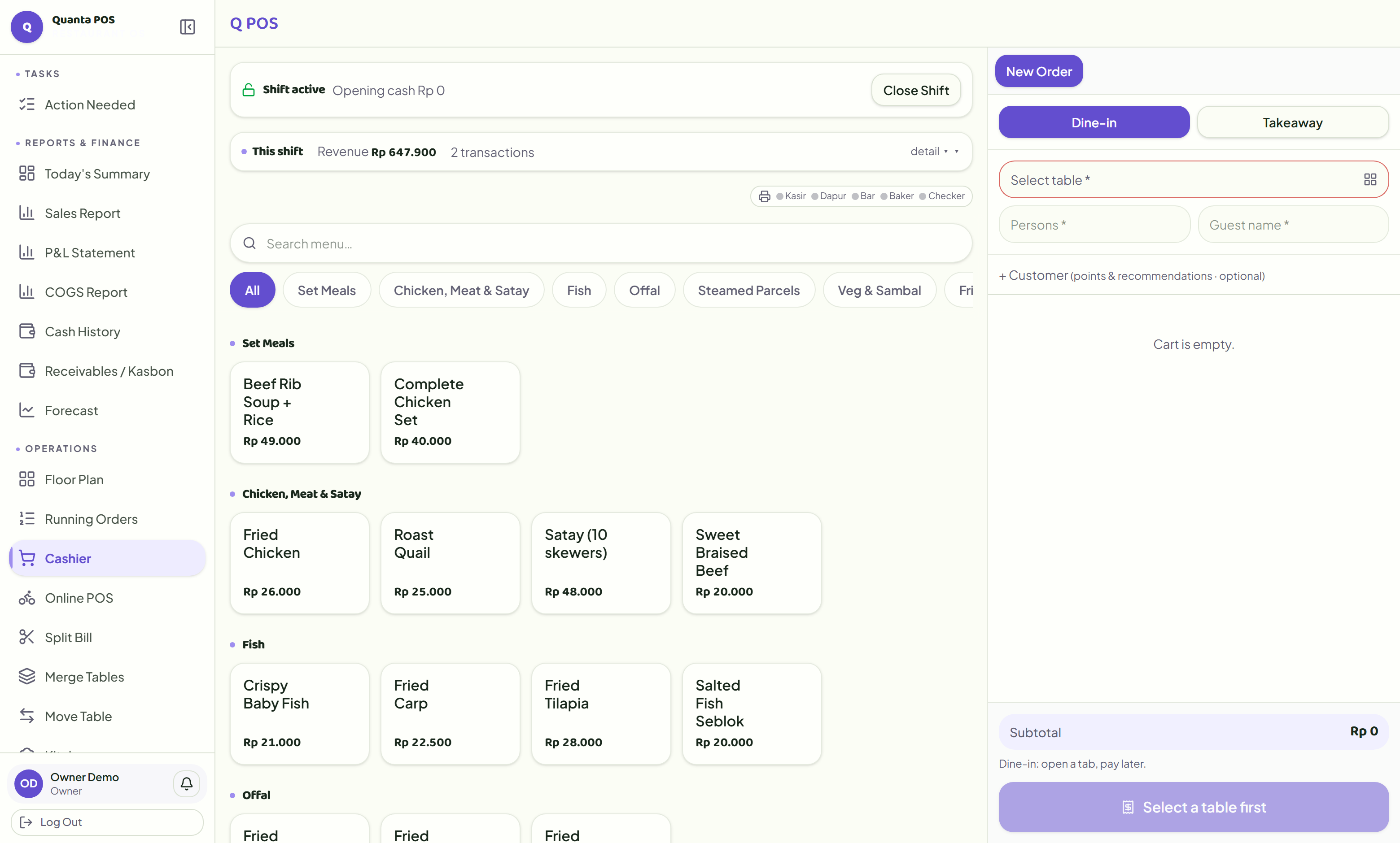 Quanta point of sale showing the menu grid and open cart